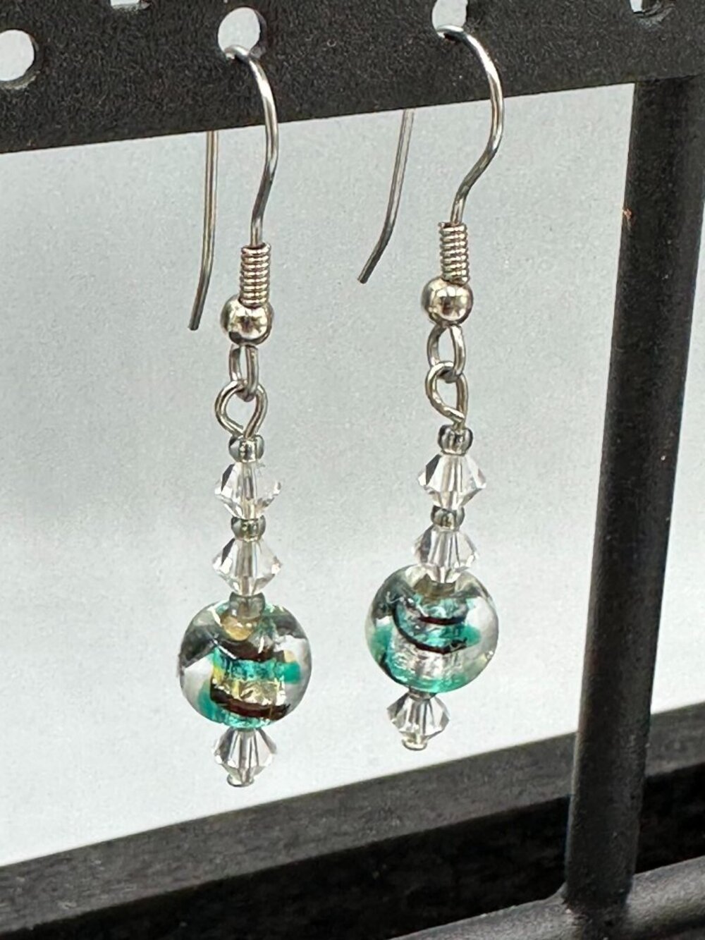 3/$30 Clear Glass Dangle Earrings Silver Tone Green Black Swirl Bead 1.5"